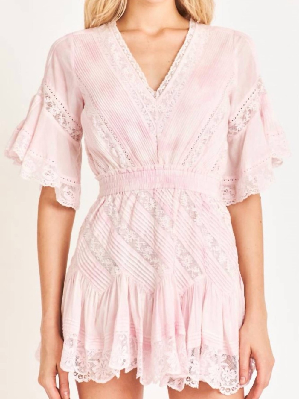 LoveShackFancy Blush Pink Lace-Trim V-Neck Mini Dress
